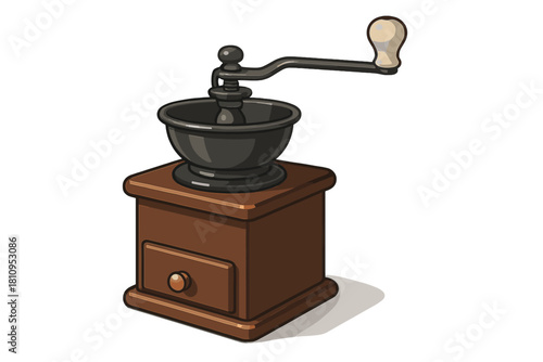 Traditional antique style coffee mill with wooden base and metal hand crank mechanism