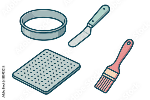 Collection of essential kitchen tools and utensils for baking cakes and desserts