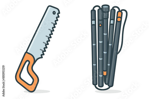 Handsaw and collapsed collapsible poles, essential outdoor survival gear for camping