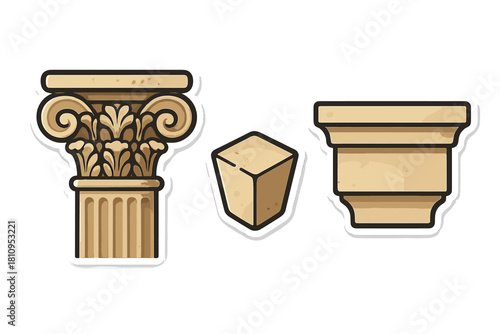 Stylized set of ancient architectural elements including ornate Corinthian and Doric column capitals and a stone block