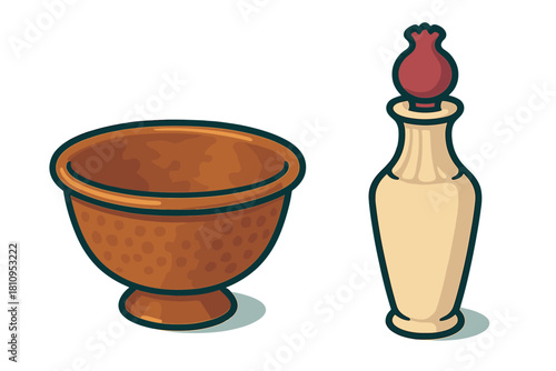 Ancient terracotta bowl and decorative perfume bottle with ornate stopper