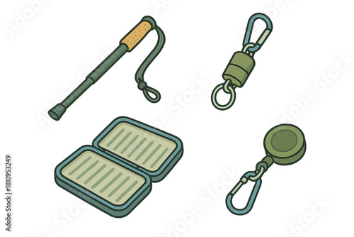 Essential fishing tackle accessories including an open fly box, magnetic net release, and retractable wading staff
