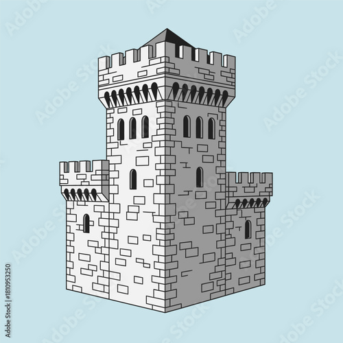 Isometric illustration of a medieval castle tower with crenellations, windows, and a dark roof.