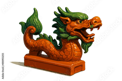 Traditional Chinese Imperial dragon statue with vibrant orange scales and flowing green mane