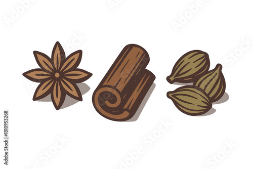 Collection of popular aromatic spices: star anise, cinnamon stick, and cardamom pods