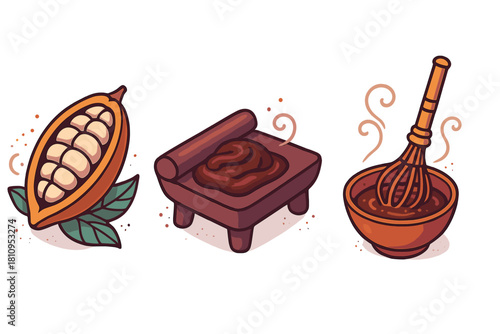 Traditional process of making chocolate from cocoa beans using a grinding stone and whisking the liquid mixture