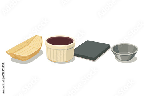 Empty serving dishes and containers for sushi and appetizers on white background