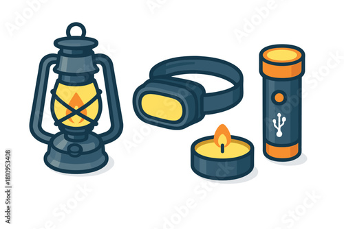 Essential light sources collection: camping lantern, headlamp, flashlight, candle