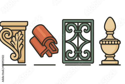 Classic architectural elements set including corbel, roof tiles, decorative grate, and finial