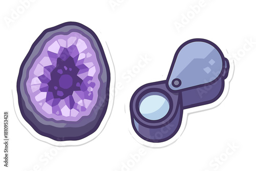 Amethyst crystal geode slice and jeweler's loupe examining precious stones and minerals