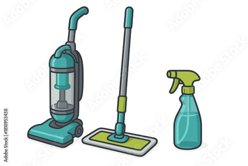 Vacuum cleaner, flat mop, and spray bottle for essential household cleaning tools
