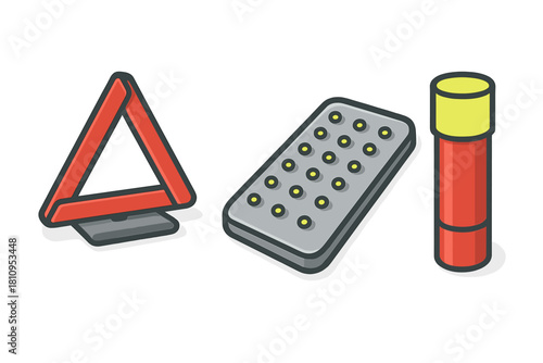 Roadside emergency kit items including a reflective warning triangle and safety lights