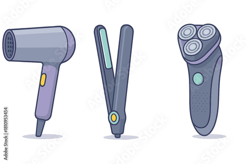Electric personal care devices set including hair dryer, flat iron, and rotary shaver