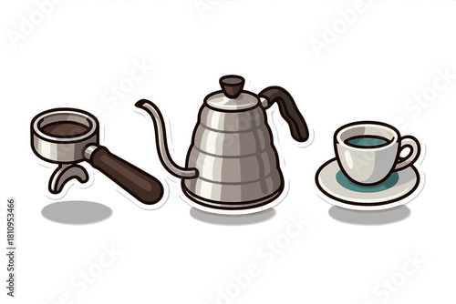 Essential coffee making tools collection with portafilter, gooseneck kettle, and hot beverage cup