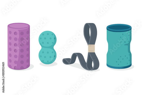 Physical therapy and exercise equipment set including foam rollers, massage ball, and stretching strap