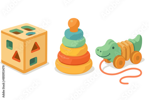 Assortment of traditional wooden toys for children including a shape sorter, stacking rings, and a pull-along crocodile