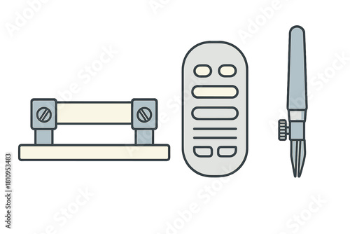 Electronic equipment icons featuring a terminal block, cartridge fuse, and technical soldering pen