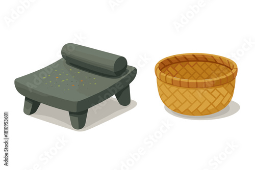 Traditional Mexican metate grinding stone and woven basket used for food preparation
