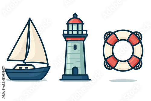 Marine symbols including a sailboat, lighthouse, and life preserver for ocean safety
