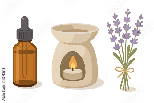 Aromatherapy set with essential oil bottle, ceramic diffuser, and lavender flowers