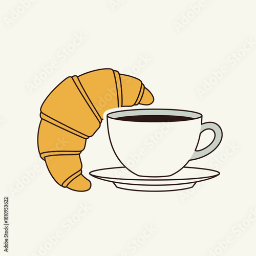 A simple vector illustration of a golden croissant next to a white cup of black coffee on a saucer.