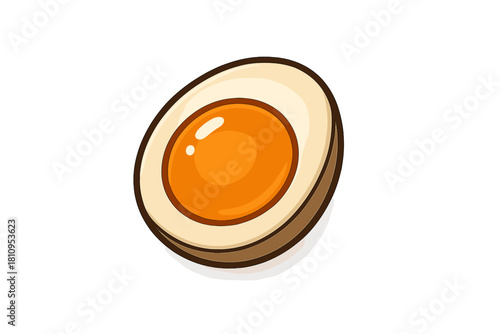 Halved soft boiled egg with golden yolk, a delicious topping for ramen soup isolated on white