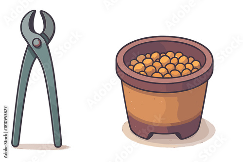 Metal pincers and a pot of planting seeds, essential gardening tools set