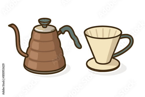 Gooseneck kettle and pour-over coffee dripper for manual brewing isolated on white