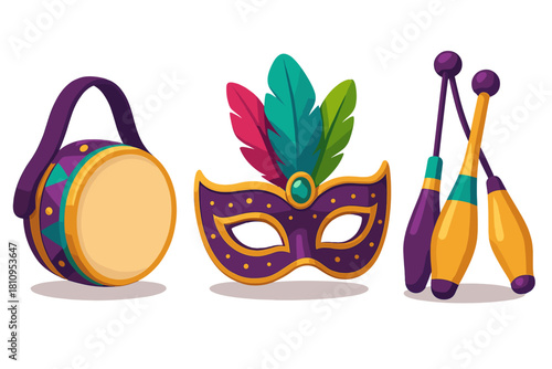 Vibrant set of carnival celebration items including a mask, drum, and juggling clubs