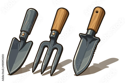 Set of essential gardening hand tools including trowel, cultivator fork, and planting knife