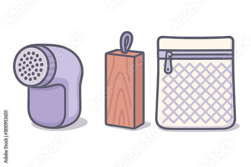 Set of fabric care tools including electric lint shaver, cedar block, and mesh laundry bag