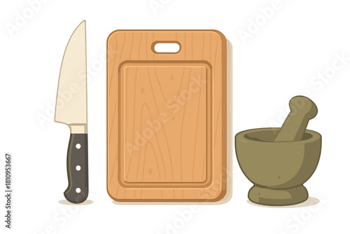 Chef knife, wooden cutting board, and mortar and pestle set for food preparation