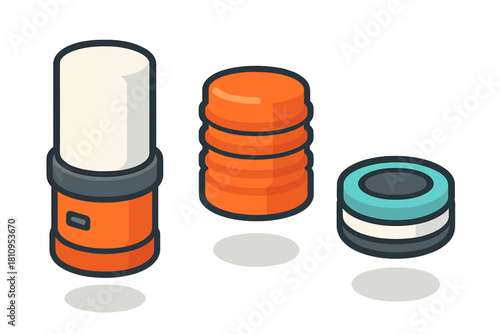 Three colorful isometric technology units representing data storage and portable power sources