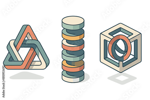 Abstract isometric shapes featuring impossible geometry and layered structures
