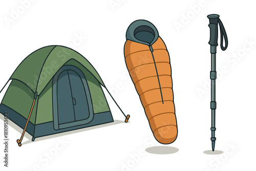 Essential outdoor gear collection with tent, sleeping bag, and trekking pole