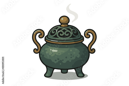 Ornate antique green bronze censer with decorative handles and intricate lid design emitting smoke