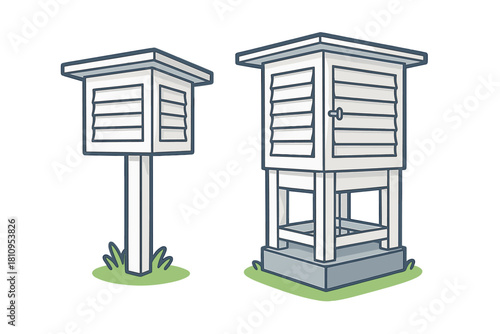 Two white wooden Stevenson screens housing meteorological instruments at a weather station