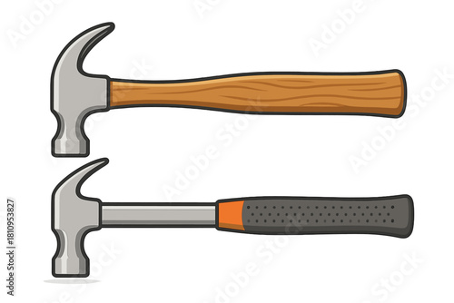 Two distinct claw hammers with wooden and rubber grips for construction work