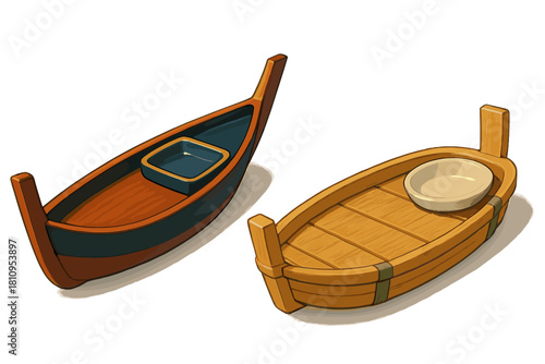 Two stylized wooden boats used as serving dishes or decorative containers isolated on white background