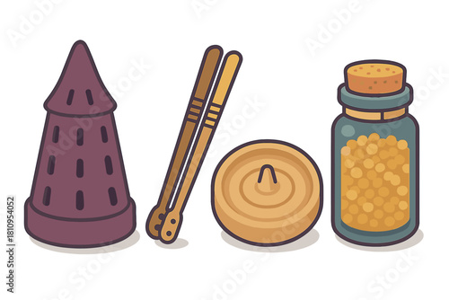 Collection of incense accessories including cone burner, wooden base, tongs, and aromatic pellets jar
