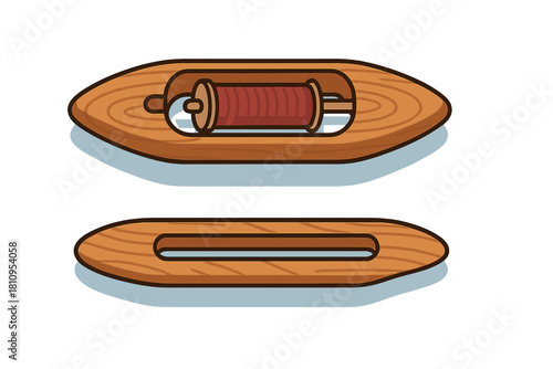 Traditional wooden weaving shuttle with thread bobbin and an empty shuttle below