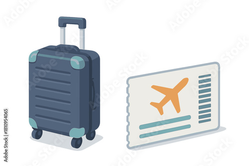 Dark blue travel suitcase and airline boarding pass ticket for international flight