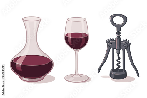 Elegant wine serving set with decanter, full glass of red wine, and corkscrew