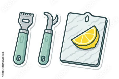 Citrus zester, channel knife, and lemon slice on a cutting board for cocktail preparation