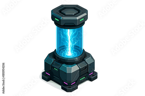 Isometric futuristic energy reactor generating blue lightning on a dark metallic base