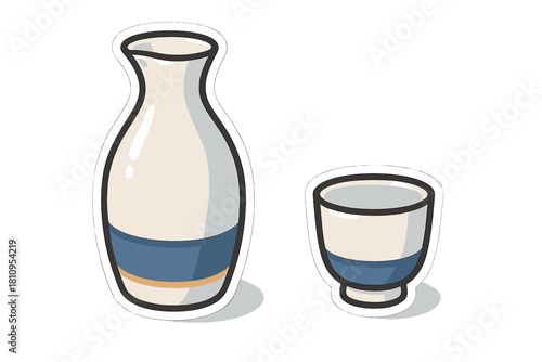 Stylized Japanese sake bottle and small drinking cup set isolated on white background