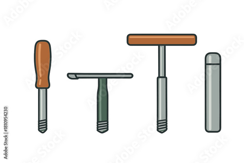 Set of hand tools for threading and machining operations including taps and T-handles
