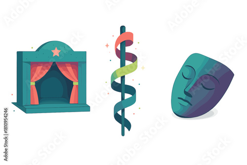 Stylized collection of theatrical elements featuring a stage, magic staff, and serene drama mask