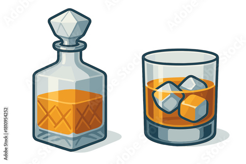 Elegant whiskey decanter and glass with ice cubes on a white background