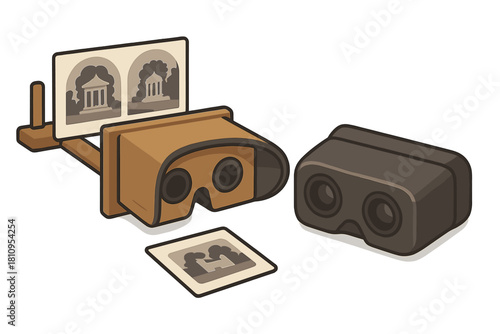 Evolution of stereoscopic viewing technology from vintage wooden viewers to modern virtual reality headsets